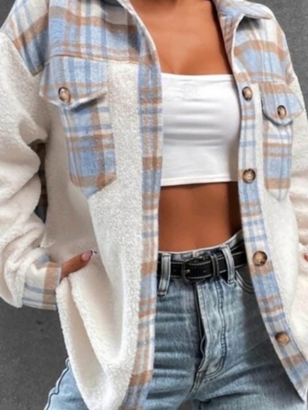 SHEIN Cream Sherpa Shacket with Light Blue & Tan Plaid